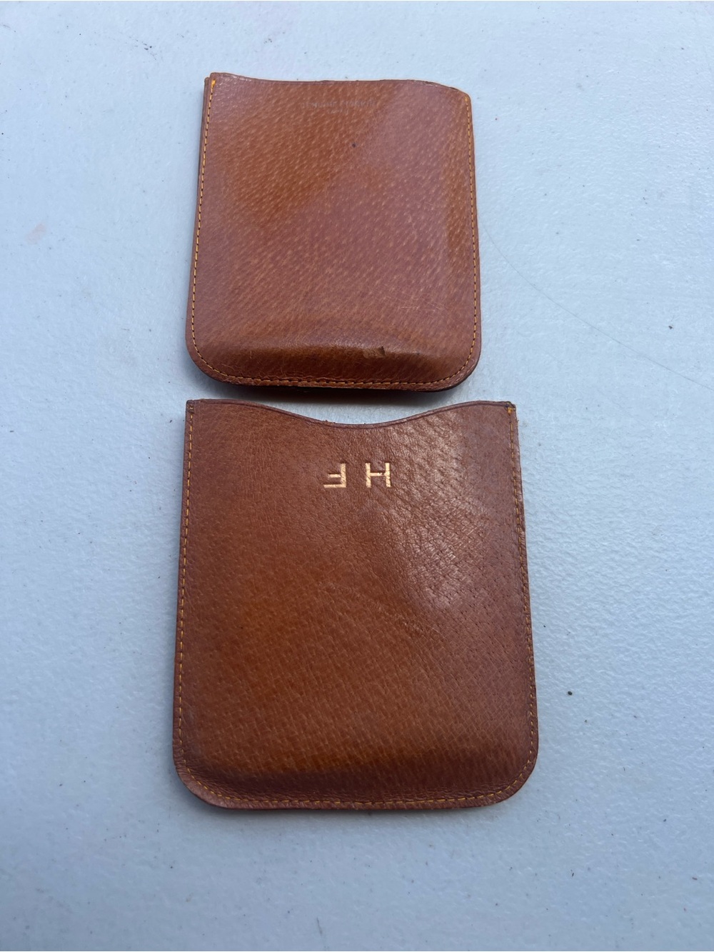 Monogrammed Brown Leather Card Sleeve Set - HF Initials - Genuine Pigskin